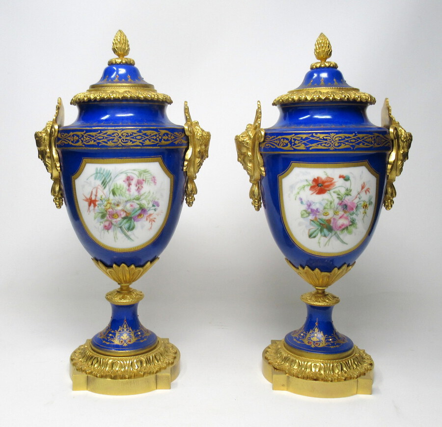 Antique Pair French Sevres Porcelain Ormolu Mounted Urns Exceptional Quality 19thCt