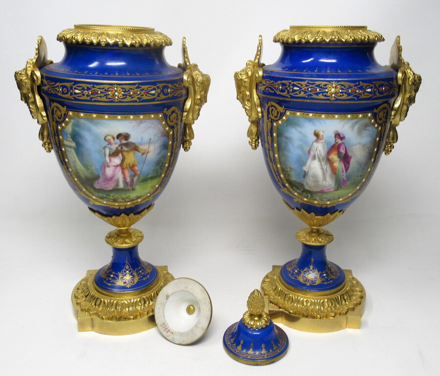 Antique Pair French Sevres Porcelain Ormolu Mounted Urns Exceptional Quality 19thCt