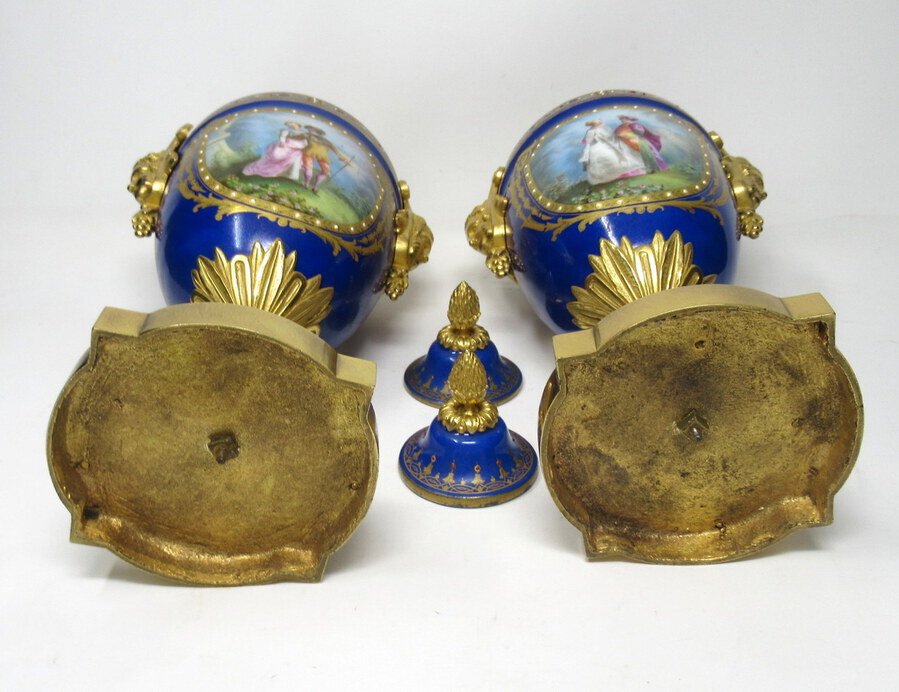 Antique Pair French Sevres Porcelain Ormolu Mounted Urns Exceptional Quality 19thCt