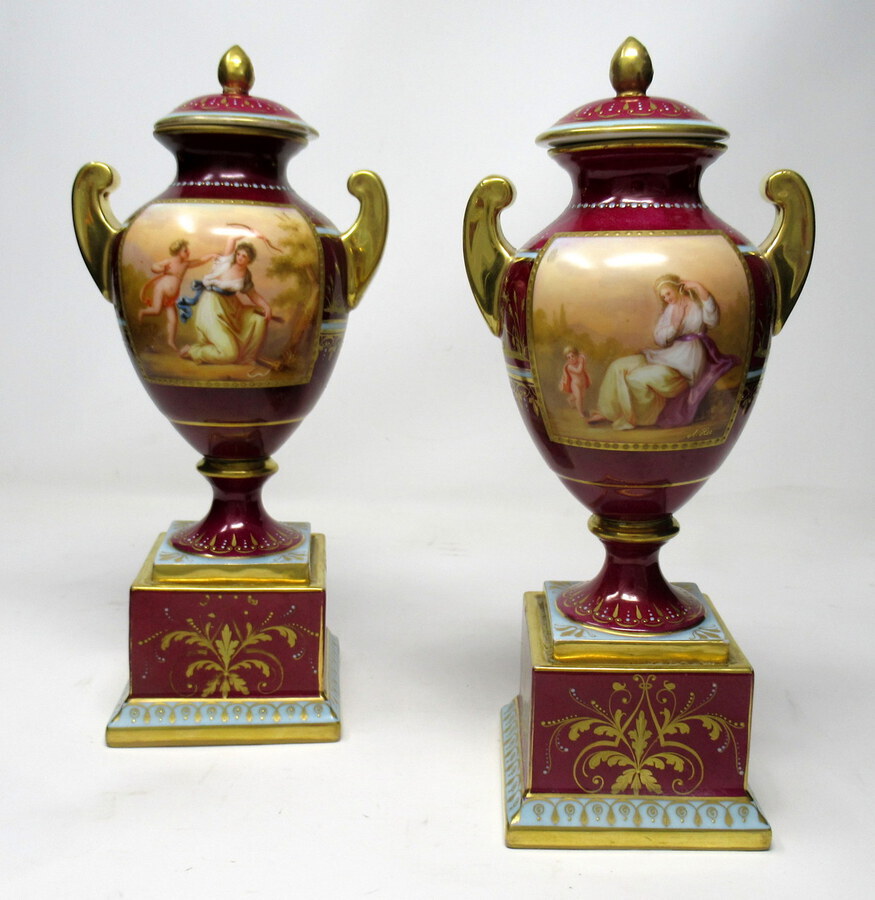 Antique Fine Pair Austrian Royal Vienna Mythological Themed Hand Painted Vases 19th Ct