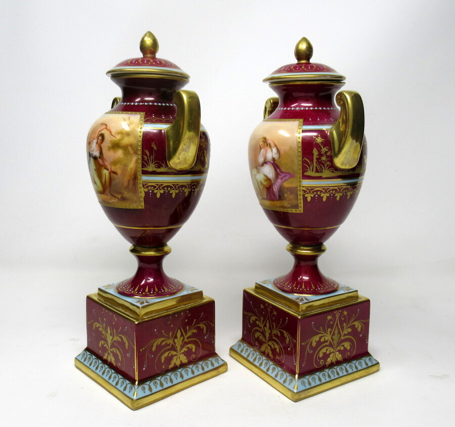 Antique Fine Pair Austrian Royal Vienna Mythological Themed Hand Painted Vases 19th Ct