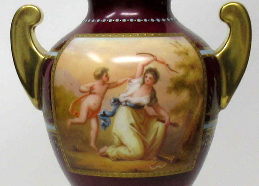 Antique Fine Pair Austrian Royal Vienna Mythological Themed Hand Painted Vases 19th Ct