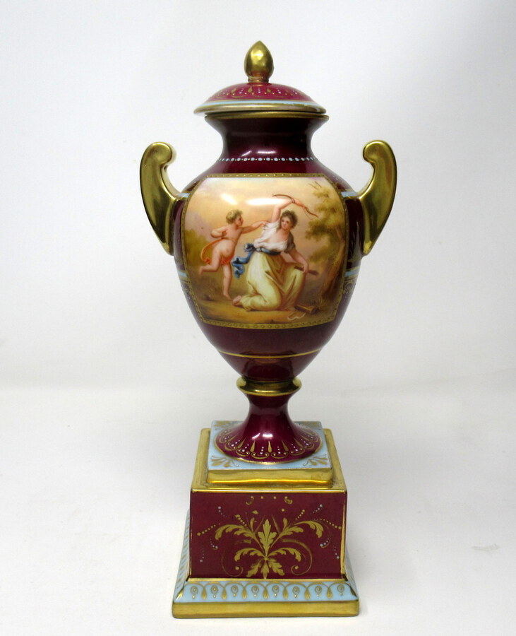 Antique Fine Pair Austrian Royal Vienna Mythological Themed Hand Painted Vases 19th Ct