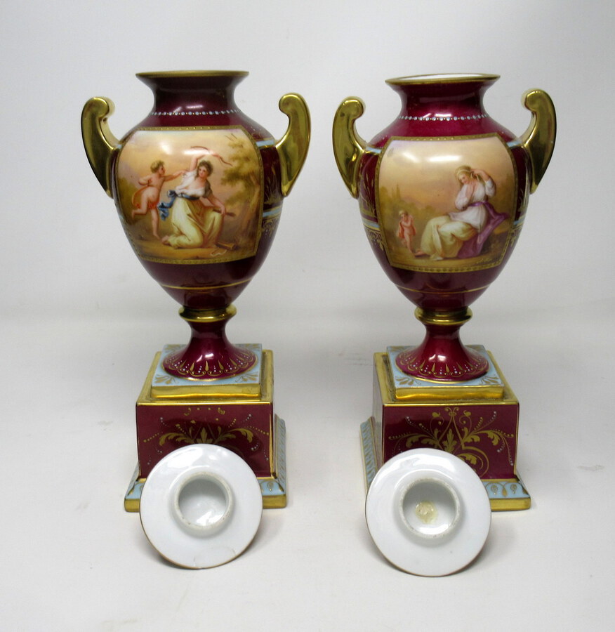 Antique Fine Pair Austrian Royal Vienna Mythological Themed Hand Painted Vases 19th Ct