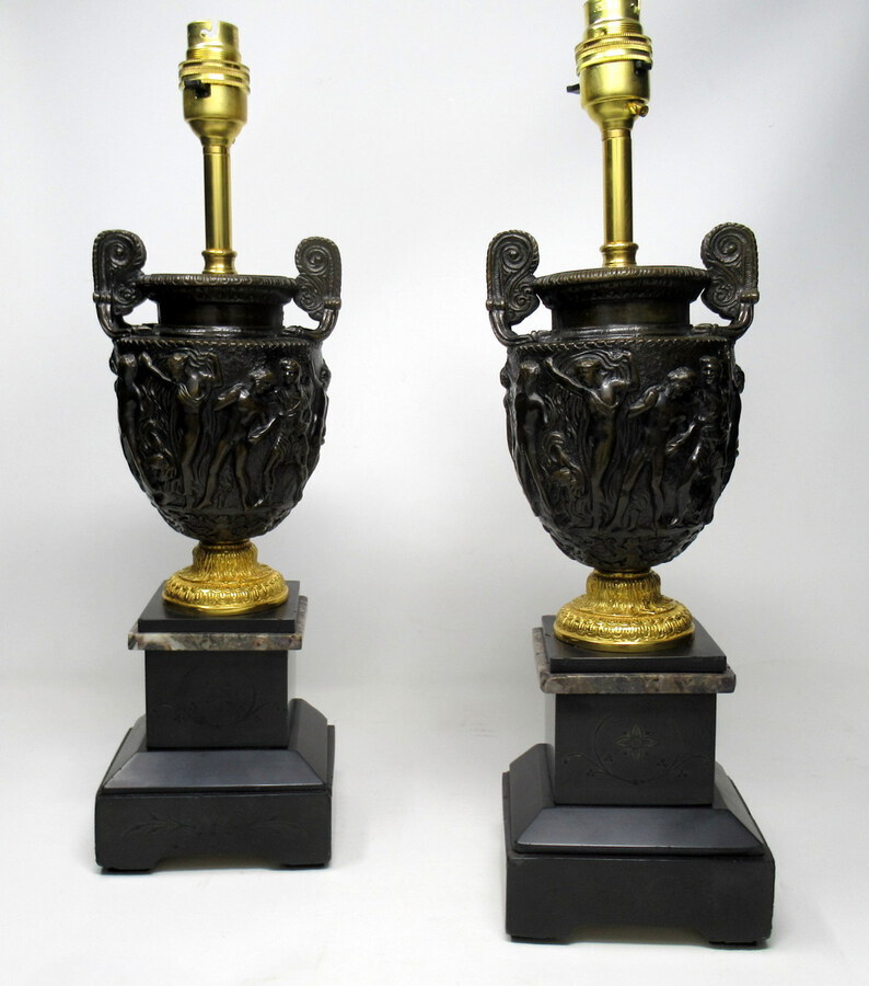 Antique Pair Marble Ormolu and Bronze Dore Electric Table Lamps C Delpech 19th Century