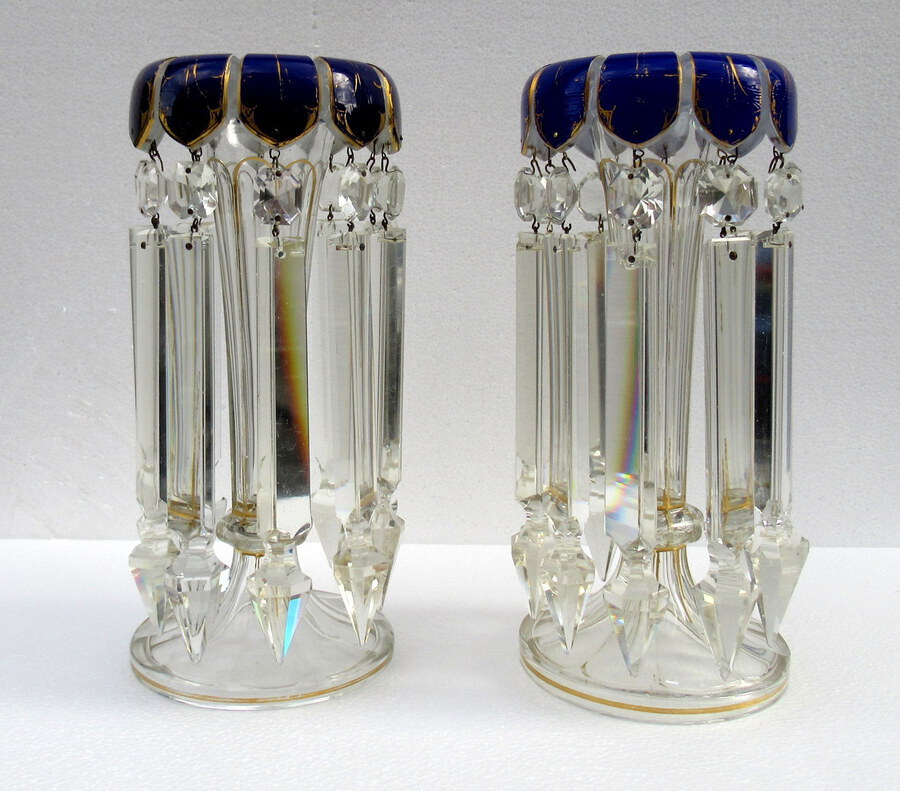 Antique Pair of Hand Cut Lead Crystal Bohemian Cobalt Blue Enameled Gilt Lusters 19thCt