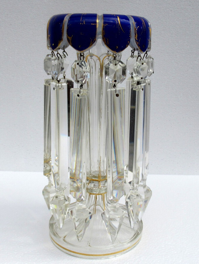 Antique Pair of Hand Cut Lead Crystal Bohemian Cobalt Blue Enameled Gilt Lusters 19thCt