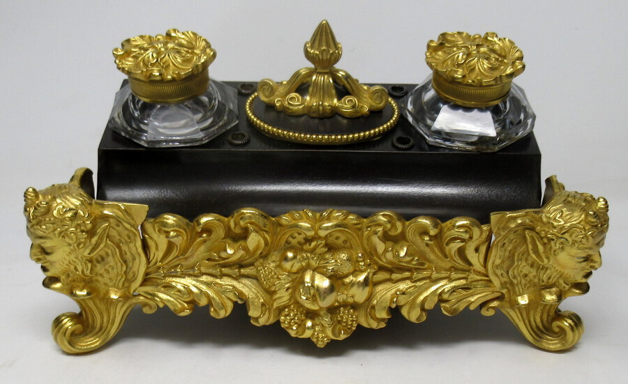 Antique  French Ormolu Bronze Desk Set Encrier Satyr Mounts Regency Period 19thCt