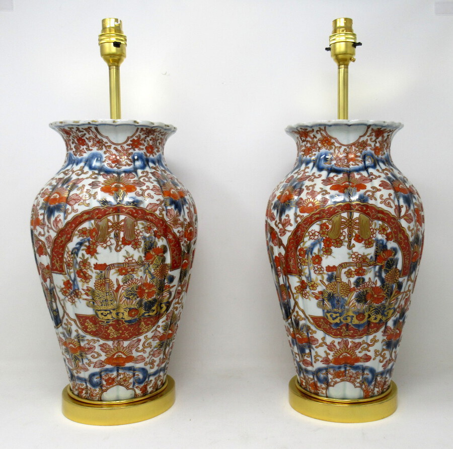 Antique Antique Pair Japanese Chinese Imari Porcelain Ormolu Table Lamps Blue Red Gilt 