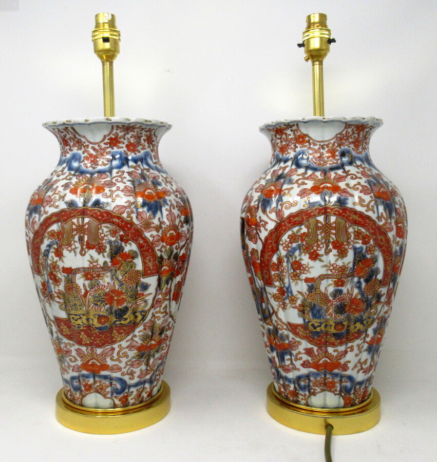 Antique Antique Pair Japanese Chinese Imari Porcelain Ormolu Table Lamps Blue Red Gilt 