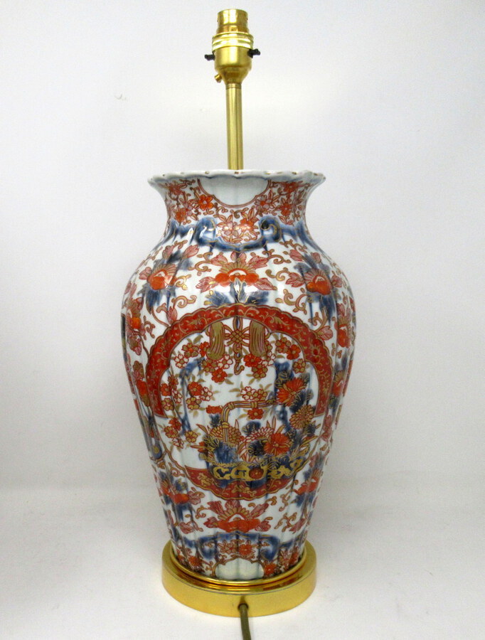 Antique Antique Pair Japanese Chinese Imari Porcelain Ormolu Table Lamps Blue Red Gilt 