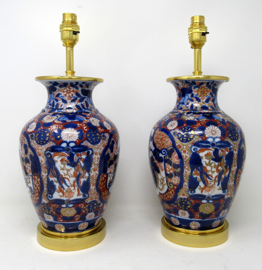 Antique Antique Pair Japanese Chinese Imari Porcelain Ormolu Table Lamps Blue Red Gilt