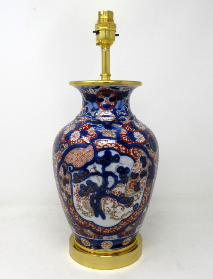 Antique Antique Pair Japanese Chinese Imari Porcelain Ormolu Table Lamps Blue Red Gilt