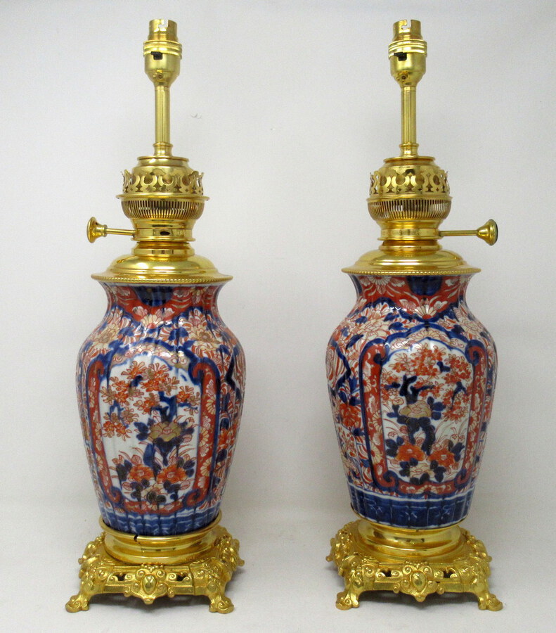 Antique Antique Pair Japanese Chinese Imari Porcelain Ormolu Table Lamps Blue Red Gilt 