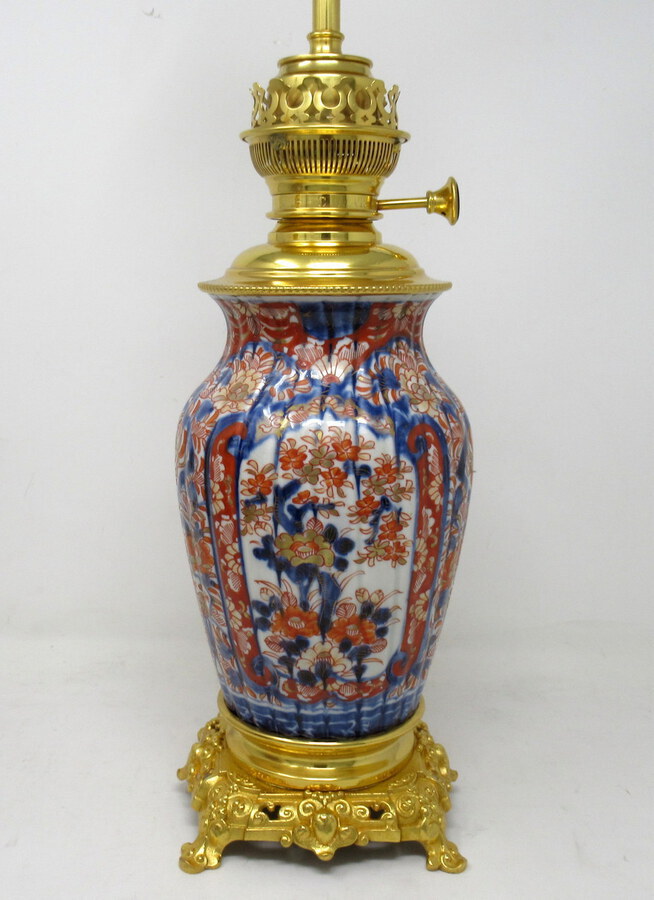 Antique Antique Pair Japanese Chinese Imari Porcelain Ormolu Table Lamps Blue Red Gilt 