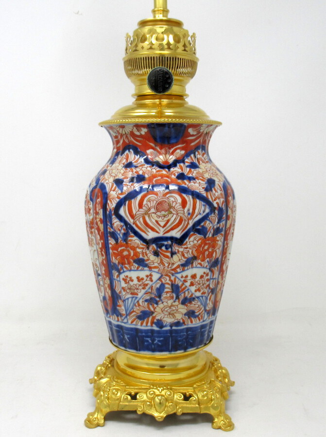 Antique Antique Pair Japanese Chinese Imari Porcelain Ormolu Table Lamps Blue Red Gilt 