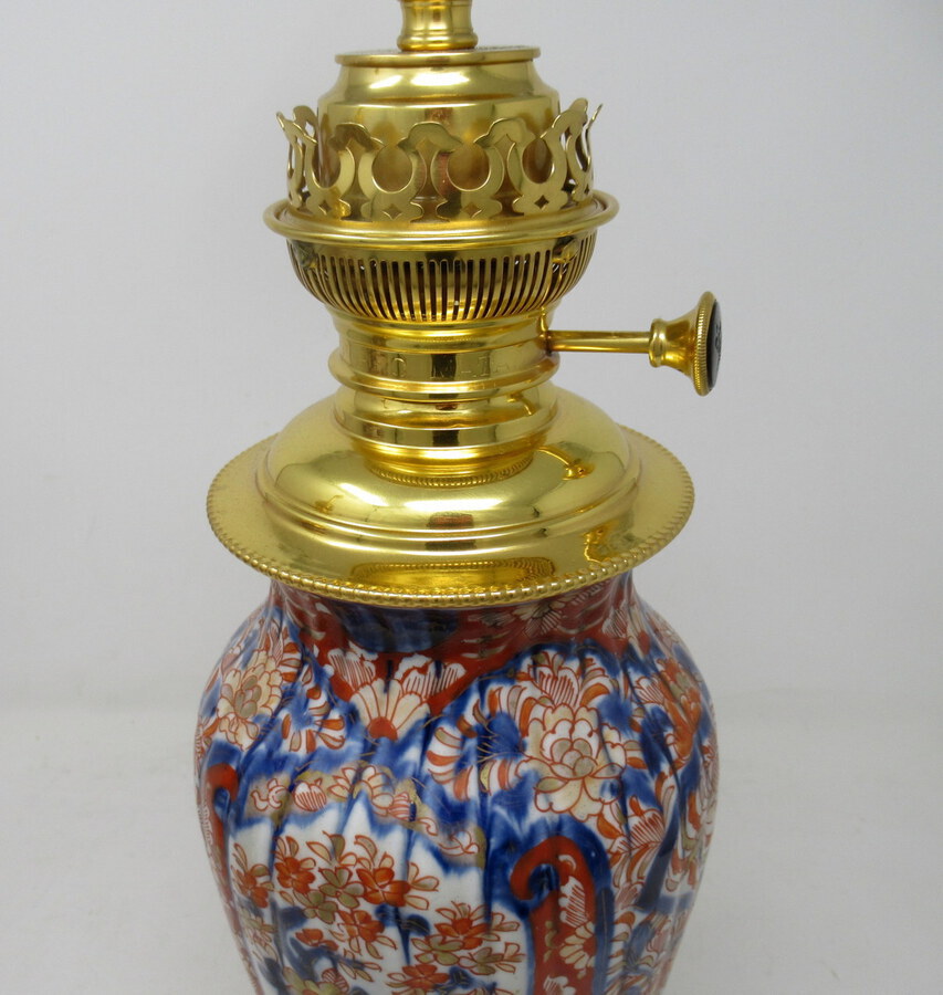 Antique Antique Pair Japanese Chinese Imari Porcelain Ormolu Table Lamps Blue Red Gilt 