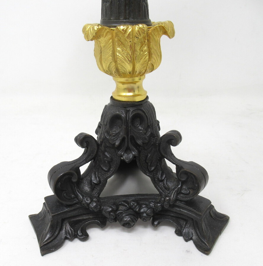 Antique Antique Pair of French Doré Bronze Neoclassical Ormolu Gilt Candlestick Lamps 