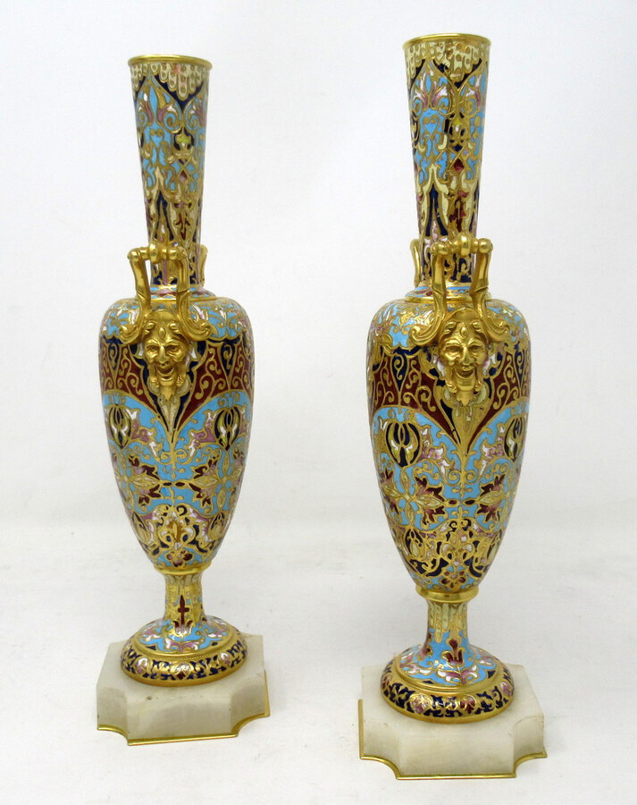 Antique Antique Pair French Alabaster Champlevé Enamelwork Ormolu Gilt Bronze Vases Urns 