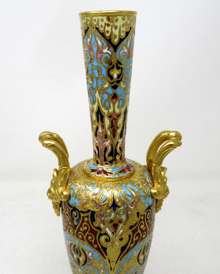Antique Antique Pair French Alabaster Champlevé Enamelwork Ormolu Gilt Bronze Vases Urns 