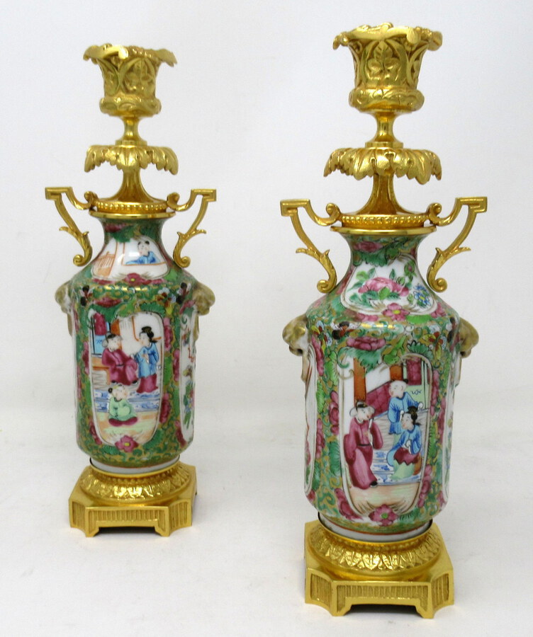 Antique  Pair Hand Painted Cantonese Famille Rose Chinese Porcelain Ormolu Candlesticks