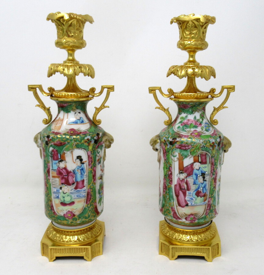 Antique  Pair Hand Painted Cantonese Famille Rose Chinese Porcelain Ormolu Candlesticks