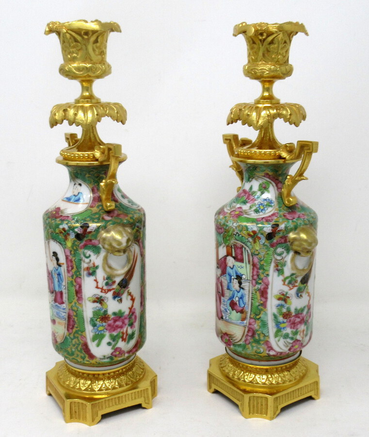 Antique  Pair Hand Painted Cantonese Famille Rose Chinese Porcelain Ormolu Candlesticks