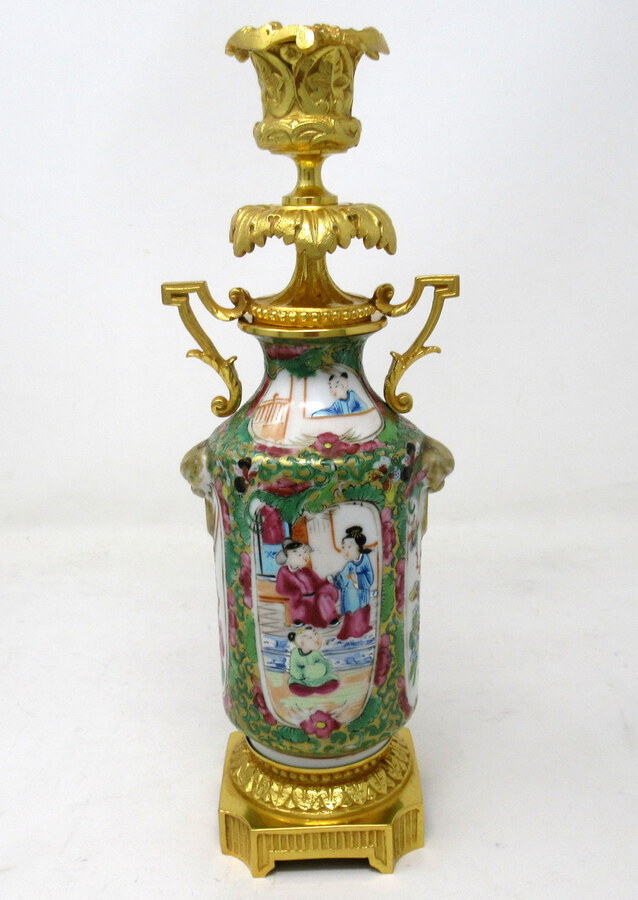 Antique  Pair Hand Painted Cantonese Famille Rose Chinese Porcelain Ormolu Candlesticks