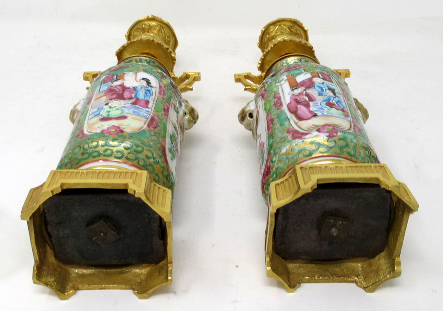 Antique  Pair Hand Painted Cantonese Famille Rose Chinese Porcelain Ormolu Candlesticks