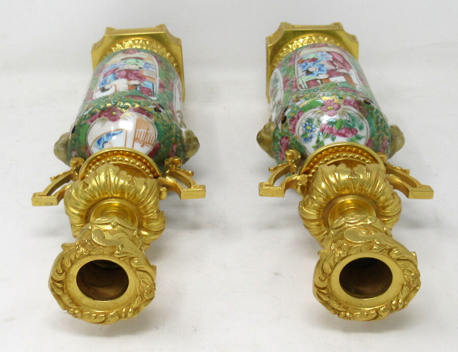 Antique  Pair Hand Painted Cantonese Famille Rose Chinese Porcelain Ormolu Candlesticks