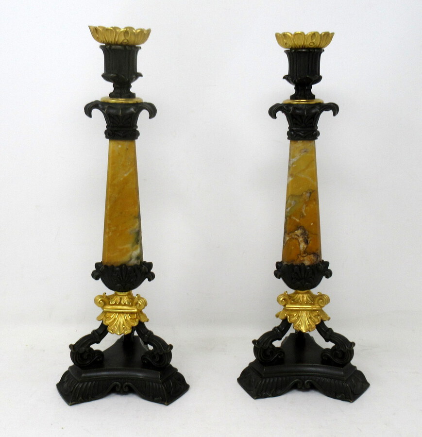 Antique Antique Pair of French Sienna Marble Grand Tour Bronze Candelabra Candlesticks