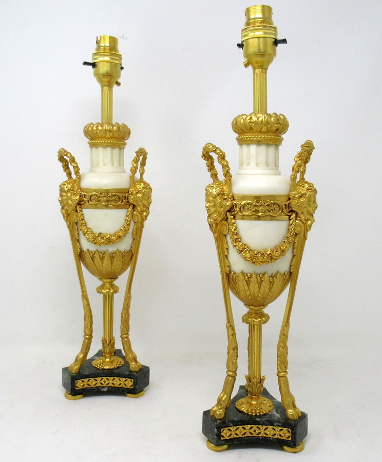 Antique Antique Pair French Regency Grand Tour Ormolu Gilt Bronze Cream Marble Urns Table Lamps 