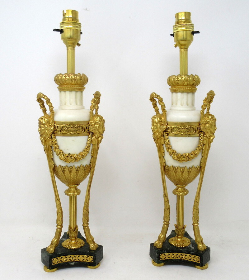 Antique Antique Pair French Regency Grand Tour Ormolu Gilt Bronze Cream Marble Urns Table Lamps 