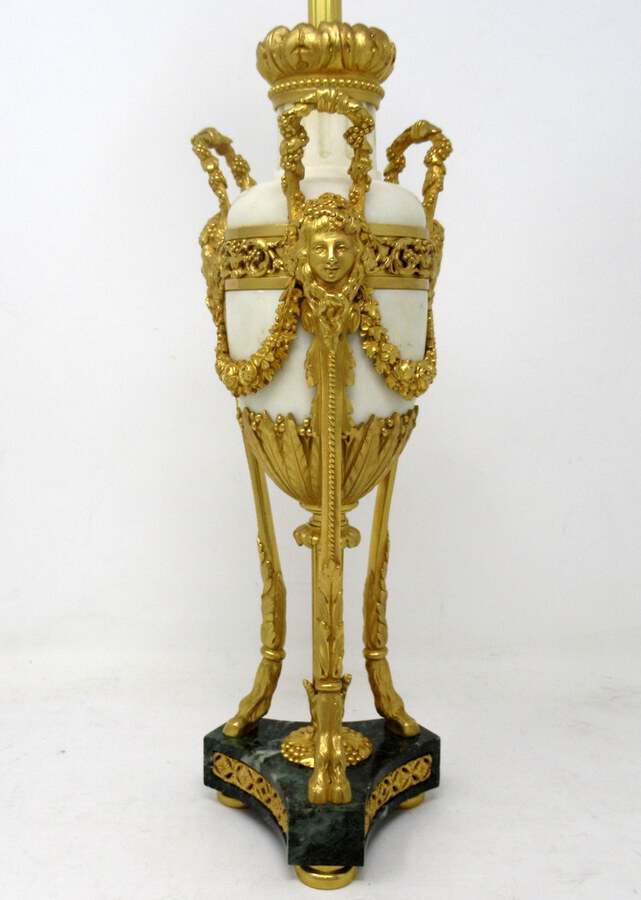 Antique Antique Pair French Regency Grand Tour Ormolu Gilt Bronze Cream Marble Urns Table Lamps 