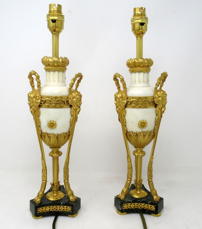 Antique Antique Pair French Regency Grand Tour Ormolu Gilt Bronze Cream Marble Urns Table Lamps 