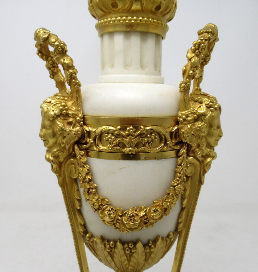 Antique Antique Pair French Regency Grand Tour Ormolu Gilt Bronze Cream Marble Urns Table Lamps 