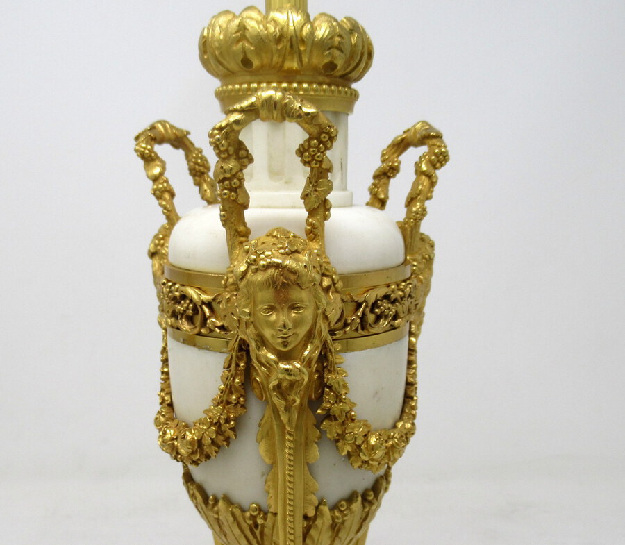 Antique Antique Pair French Regency Grand Tour Ormolu Gilt Bronze Cream Marble Urns Table Lamps 