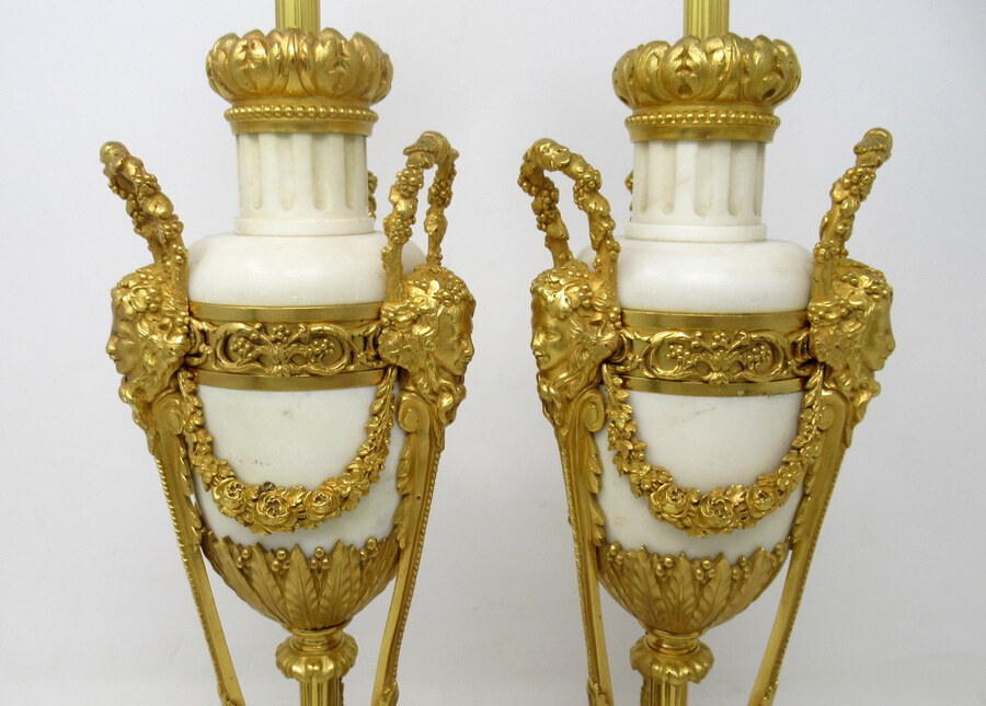 Antique Antique Pair French Regency Grand Tour Ormolu Gilt Bronze Cream Marble Urns Table Lamps 