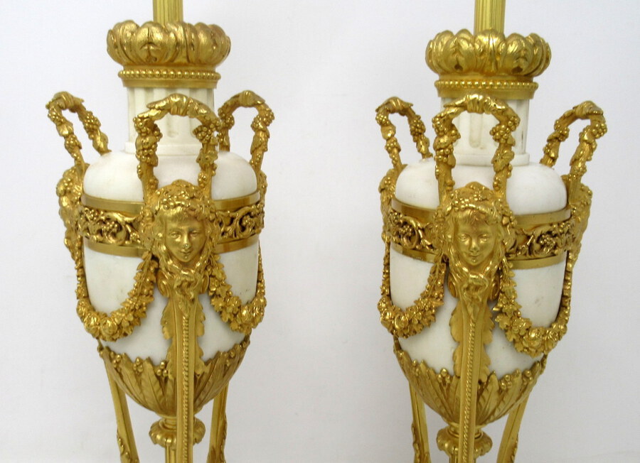 Antique Antique Pair French Regency Grand Tour Ormolu Gilt Bronze Cream Marble Urns Table Lamps 