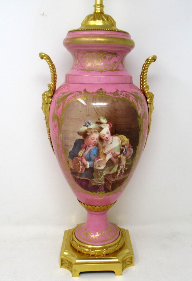 Antique Antique French Sèvres Gilt Bronze Porcelain Vase Ormolu Pompadour Pink Table Lamp