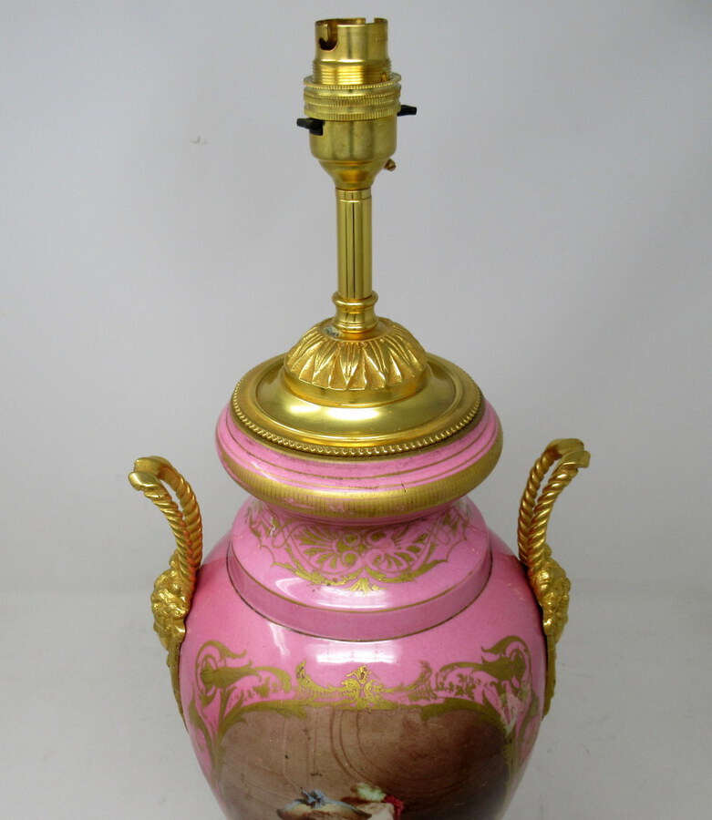 Antique Antique French Sèvres Gilt Bronze Porcelain Vase Ormolu Pompadour Pink Table Lamp