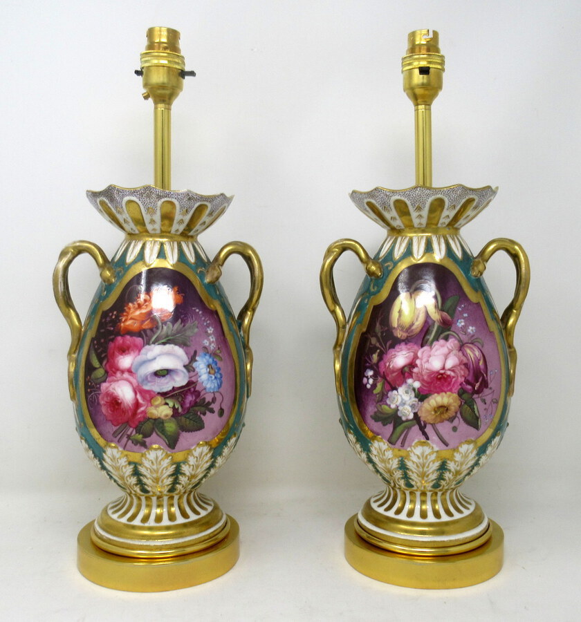 Antique Antique Pair English Staffordshire Porcelain Table Lamps Ridgway or Rockingham 