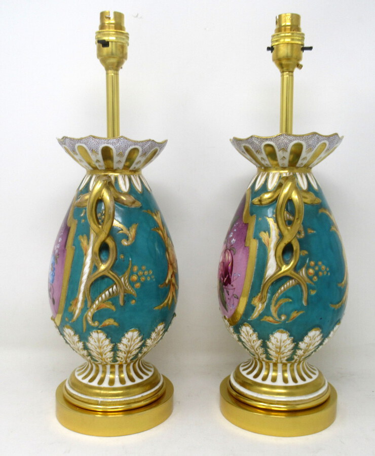 Antique Antique Pair English Staffordshire Porcelain Table Lamps Ridgway or Rockingham 