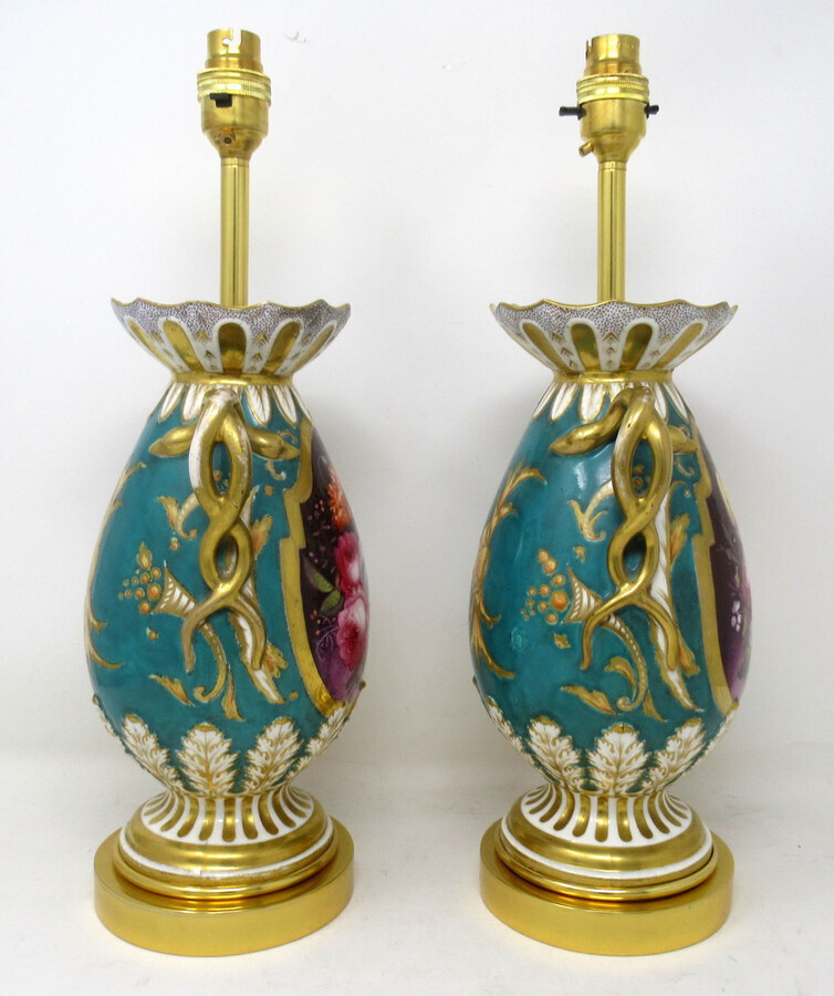 Antique Antique Pair English Staffordshire Porcelain Table Lamps Ridgway or Rockingham 