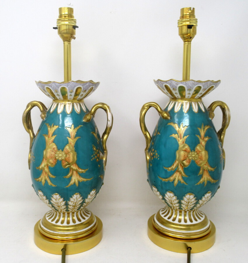 Antique Antique Pair English Staffordshire Porcelain Table Lamps Ridgway or Rockingham 