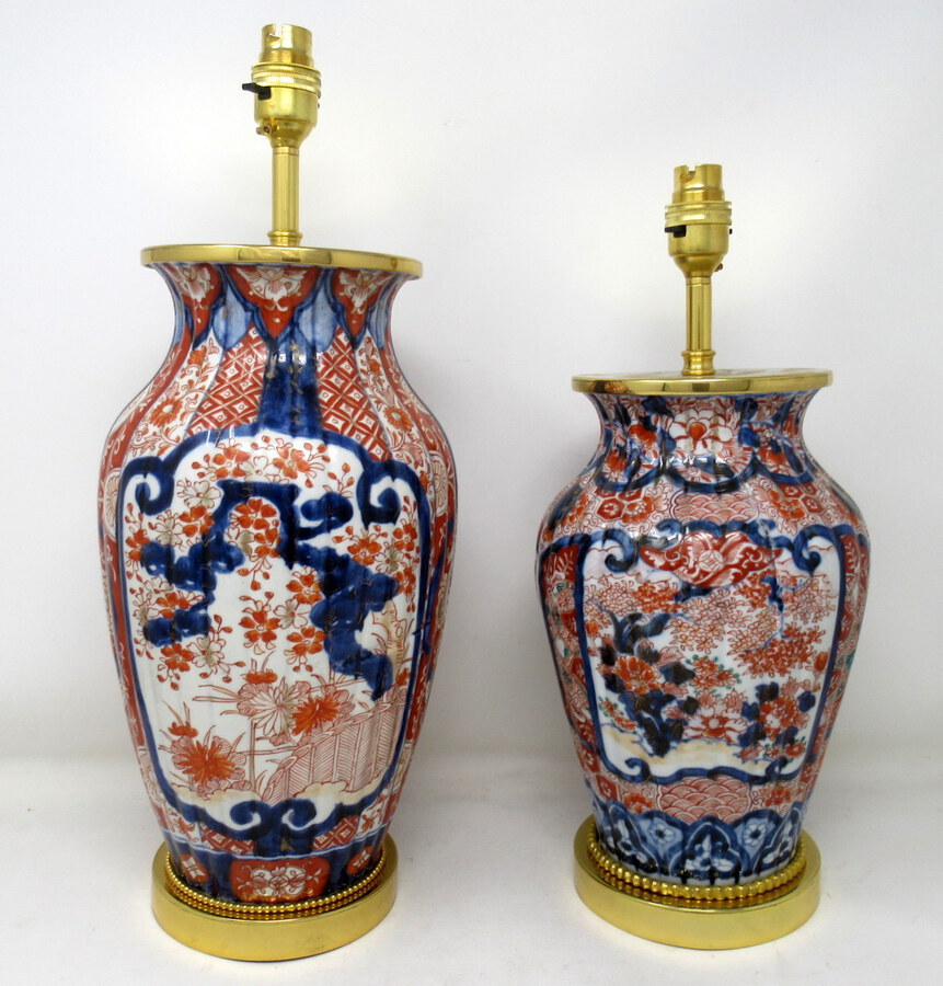 Antique Pair of Antique Japanese Chinese Imari Porcelain Ormolu Table Lamp Blue Red Gilt 