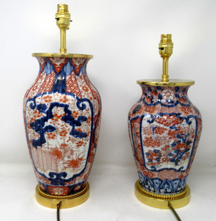 Antique Pair of Antique Japanese Chinese Imari Porcelain Ormolu Table Lamp Blue Red Gilt 