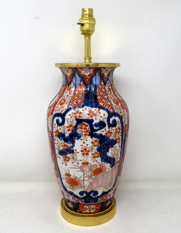 Antique Pair of Antique Japanese Chinese Imari Porcelain Ormolu Table Lamp Blue Red Gilt 