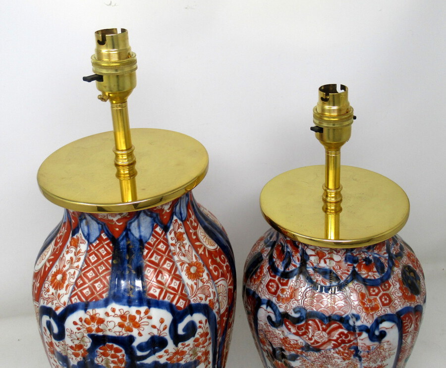 Antique Pair of Antique Japanese Chinese Imari Porcelain Ormolu Table Lamp Blue Red Gilt 