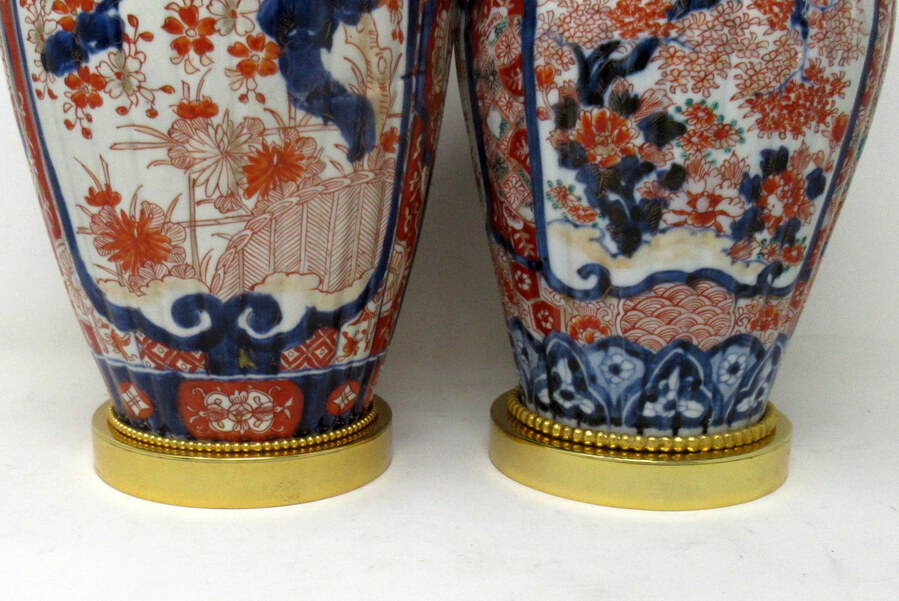 Antique Pair of Antique Japanese Chinese Imari Porcelain Ormolu Table Lamp Blue Red Gilt 